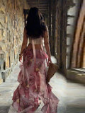 KYLETHOMASW  -  Chic Vintage Women's Pink Floral Print High Low Maxi Skirt Ruffle Layered Hem Boho Wedding Summer Beach Vaction Fashion Skirts