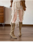 KYLETHOMASW  -  Autumn Winter Fashion Pleated Design Women Knee-High Boots Vintage Faux Suede Lace High heels Western Cowboy Long Booties Shoes