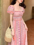 KYLETHOMASW  -  Elegant Vintage Floral Midi Dress Women Sweet Puff Sleeve Korean Slim Fairy Dress Female 2025 Summer Casual Evening Party Dress
