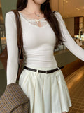KYLETHOMASW  -  Y2k Sexy Solid Lace Patchwork V Neck Long Sleeve Slim Waist All Match Women's T-shirts