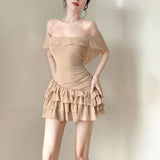 KYLETHOMASW  -  Summer New Women's Clothing One-word Collar Off-the-shoulder Ruffle Leaf Edge Hip-wrapped Cake Dress