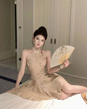 KYLETHOMASW  -  Women Chinese Style Vintage Sexy Halter Sleeveless Mini Dress Summer Stand Collar High Waist Slim Elegant Party Dresses Vestidos