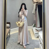 KYLETHOMASW  -  Bias Cowl Neck Maxi Skirt Set  Acetate Look Satin Co Ord Lengthened Silhouette Fluted Hem
