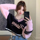 Kylethomasw Korean Sweet V-neck Off Shoulder Pullovers 2024 Autumn New Embroidery Lazy Tops Women Y2k E-Girl Long Sleeve Sweaters Mujer