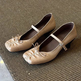 KYLETHOMASW  -  Pleated Square Toe Chunky Heel Mary Jane Shoes Women Bowknot Design Elegant Designer Heels for Ladies Comfort Buckle Party Shoes