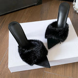 KYLETHOMASW  -  Summer Women's Furry Fur High Heels Mules Sandals Pointed Toe Slip On Stiletto Slipper Ladies Sexy Party Dress Heeled Sandals