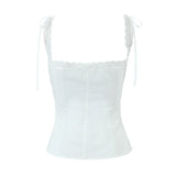 KYLETHOMASW  -  White Spliced Lace Slash Collar Ribbon Bow Strap Summer Corset Women Summer Tank Tops Pleated Slim Through Buttons Crop Top
