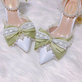 Kylethomasw Lolita High Heels for Women 2025 Pearl Lace Green Designer Shoes High End Knot Bridal Shoes 2024 Fashion Women Trending