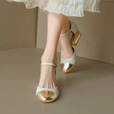 KYLETHOMASW  -  Women Sheepskin Leather Pumps Pearls Chunky Heels Shoes Brand Designer Two Tone Buckle Pumps Wedding Party Dressy Shoes