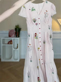 KYLETHOMASW  -  French Single Breasted Pink Long Dresses Women V Neck Short Sleeve A Line Dress Summer Chic Floral Print Vestidos 389A