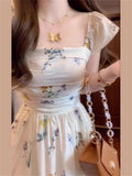 KYLETHOMASW  -  French Square Collar Flying Sleeve Floral Dress Women Summer New Patchwork A Line Dress High Waist Backless Temperament Vestidos