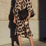KYLETHOMASW  -  Spring Summer New Long V-neck Loose Lantern Sleeve Leopard Print Straight Cut Dress Women's Midi Dress Comfortable Breathable