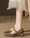 KYLETHOMASW  -  High Heeled Women Autumn New Fashion One-word Buckle with Light Mouth Pumps Womens Thick Heel Small Square Head Mary Jane Shoes