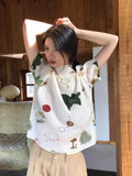 KYLETHOMASW  -  Women Original Hand painted Floral Print Pleated Top 2024 Summer Pullover Short Sleeved Base Versatile Retro T-shirt