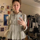 KYLETHOMASW  -  Korean Chic Autumn Plaid Shirt Women Long Sleeve Peter Pan Collar Ruffled Loose Single Breasted Blouse Retro Blusas Mujer