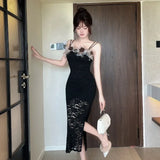 KYLETHOMASW  -  Sweet Hot Girl Sexy Lace Patchwork Strap Dress Women's Autumn Mesh Flower Hollow Long Dress Fashion Female Clothes