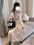 KYLETHOMASW  -  Japanese Elegant Sweet Pink Lolita Dress Women Kawaii Bow Lace Sweater Off-shoulder Long Dress Korean Y2k Party Princess Dresses