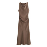KYLETHOMASW  -  Summer New Women Sleeveless Dress Fashion Temperament Sexy Silk Satin Texture Solid Color Midi Long Dress Women Elegant