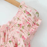 KYLETHOMASW  -  Sexy Pink Floral Print Elastic Slash Shoulder Dress Folded Elastic Waist Swing A-line Short Tank Robe Holiday Femme Vestidos