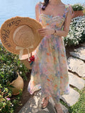 KYLETHOMASW  -  Women's Summer Long Princess Dress Butterfly Strap High Waist Oil Painting Floral Fairycore A-line Midi Sundress Female
