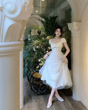 KYLETHOMASW  -  Women Vintage Sweet Mesh Patchwork Elegant Party Dresses Summer Solid Square Collar Short Sleeve Slim Fairy Midi Dress Vestidos