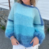 KYLETHOMASW  -  Women Autumn Winter Loose Fit Knitwear Jumpers Vintage Striped Fuzzy Knitted Sweater Casual Boat Neck Long Sleeve Pullover Tops
