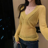 KYLETHOMASW  -  Korean V Neck Long Sleeve Solid Slim All Match Hollow Out Knitted Casual T-Shirts