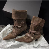 KYLETHOMASW  -  Autumn Winter Faux Suede Weave Lace-up Women Motorcycle Boots Fashion High heels Chelsea Western Mid-Calf Short Booties Shoes