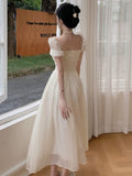 KYLETHOMASW  -  Summer Women Halter Midi Dress Elegant Female Chiffon Square Neck Party One Pieces Dresses French Solid New Vestidos Robe