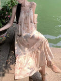 KYLETHOMASW  -  Vintage Butterfly Print Party Pleated Long Dress for Women Summer Elegant Sexy Club Beige Backless Bandage Slip Vestidos Robe