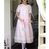 KYLETHOMASW  -  Korean Commute Summer New Women's Patchwork Folds Ruffles Printed Crew Neck Bow Drawstring Short Sleeve Loose Sweet A-line Dress