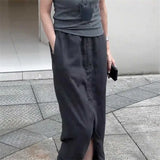 KYLETHOMASW  -  Grey High Waist Midi Skirt Women Summer Casual Loose Split Front A-Line Skirt Fashion Streetwear Faldas Elegant Long Jupe 237A