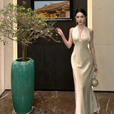 KYLETHOMASW  -  Acetate Satin Off-Shoulder Backless Long Dress Sexy Slim-Fit Gown for Birthday Party Lightweight Evening Dress