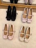 KYLETHOMASW  -  Sweet Spring Auutmn Women Mary Jane Shoes Butterfly-knot Square Toe Shoes Ladies Concise Daily Dress Silk  Ballet Flats Shoes 41