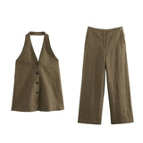 KYLETHOMASW  -  Color Single Breasted Vest Minimalist Casual Pants Retro Linen Texture Coffee Two Pieces Set Women Straight Leg