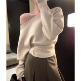 Kylethomasw Vintage Strapless Solid Color Casual Long-sleeved Sweater Women Autumn New Slant Collar Loose Button Pleated Knitted Tops