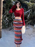 KYLETHOMASW  -  Autumn Winter Chic Knitted Womens Two Pieces Set Cropped Pullover Top High Waist Striped Bodycon Long Skirt Suit Casual Clothing