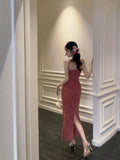 KYLETHOMASW  -  Rose Red Hollow Lace Suspender Dress for Women in Summer Sexy Waist-hugging Skirt
