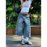 KYLETHOMASW  -  Women High-Waisted Washed Wide-Leg Denim Shorts Blue Gothic Y2K Harajuku Style Retro 2000s Jean Seven-Foot Clothes Summer