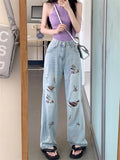 KYLETHOMASW  -   Women Embroidery Flowers Jeans Autumn  OL Hole Chic Loose Fashion Slim New Straight Denim Streetwear Pants