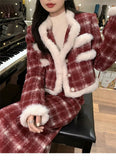 KYLETHOMASW  -  Wool Skirt Set Lady Christmas Knot Day Atmosphere Checkered Coat With Skirt Suits Autumn/Winter Red Grid Hairy Small Fragrant
