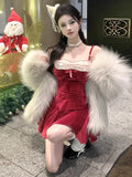 KYLETHOMASW  -  Women Dresses Sleeveless Sexy Velvet Patchwork Bow Ruffles Slim Backless Vintage Elegant Mini Dress Party Female