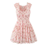 KYLETHOMASW  -  Sexy Pink Floral Print Elastic Slash Shoulder Dress Folded Elastic Waist Swing A-line Short Tank Robe Holiday Femme Vestidos