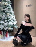 KYLETHOMASW  -  Slash Neck Velvet Black Preppy Dress Long Sleeve Princess Slim Layered Dress Sexy Strapless Birthday Christmas Party Vestidos