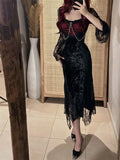 KYLETHOMASW  -  Dark Gothic Lace Splicing Long Sleeve Sexy Dress Summer New Spicy Girl Slimming Wrap Hip Split Long Dress for Women