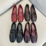 KYLETHOMASW  -  Pleated Mary Janes Flats Shoes Women Square Toe Pu Leather Comfortable Elegant Red Shoes Ladies Shallow Black Ballet Flats New
