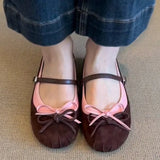 KYLETHOMASW  -  Sweet Bowknot Decoration Ballet Flats Women Autumn Round Toe Suede Patchwork Mary Jane Shoes Comfortable Soft Sole Casual Shoes