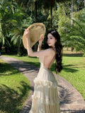 KYLETHOMASW  -  Sexy Backless Elegant Evening Party Birthday Dress Women Summer V-neck Halter Sleeveless Beach Vacation Fairy Cake Long Dresses