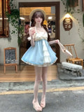 KYLETHOMASW  -  Summer Sweet Korea Fashion Fake Two Pieces Dress Woman Japanese Cute Loose Hanging Neck Dew Shoulder Short Design Dress New