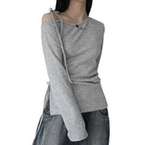 KYLETHOMASW  -  Slant shoulder lace up drawstring long sleeved T-shirt for spicy girls, waist cinching, pleating, side slit versatile top